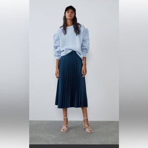 Zara Deep Blue Satin Effect Pleated Midi Skirt